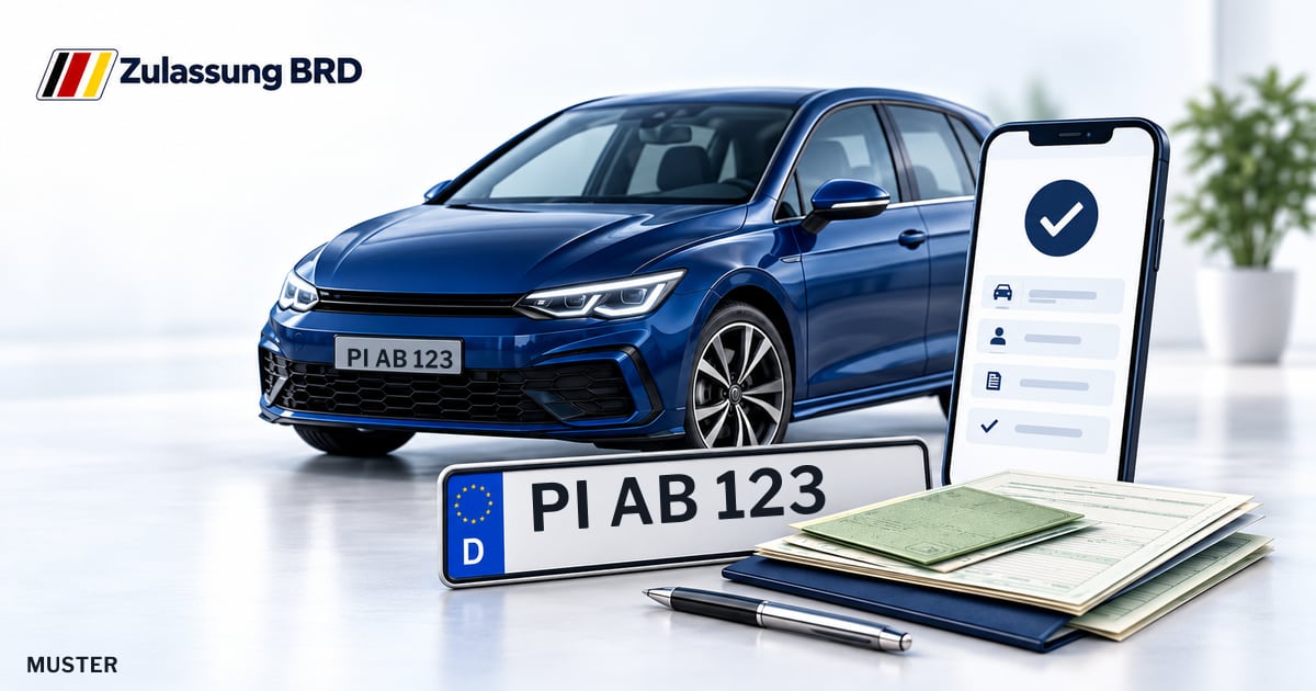 Online Fahrzeugzulassung in Tornesch: Musterkennzeichen PI AB 123, Auto und Fahrzeugpapiere und Smartphone. Illustration mit Logo von Zulassung BRD.